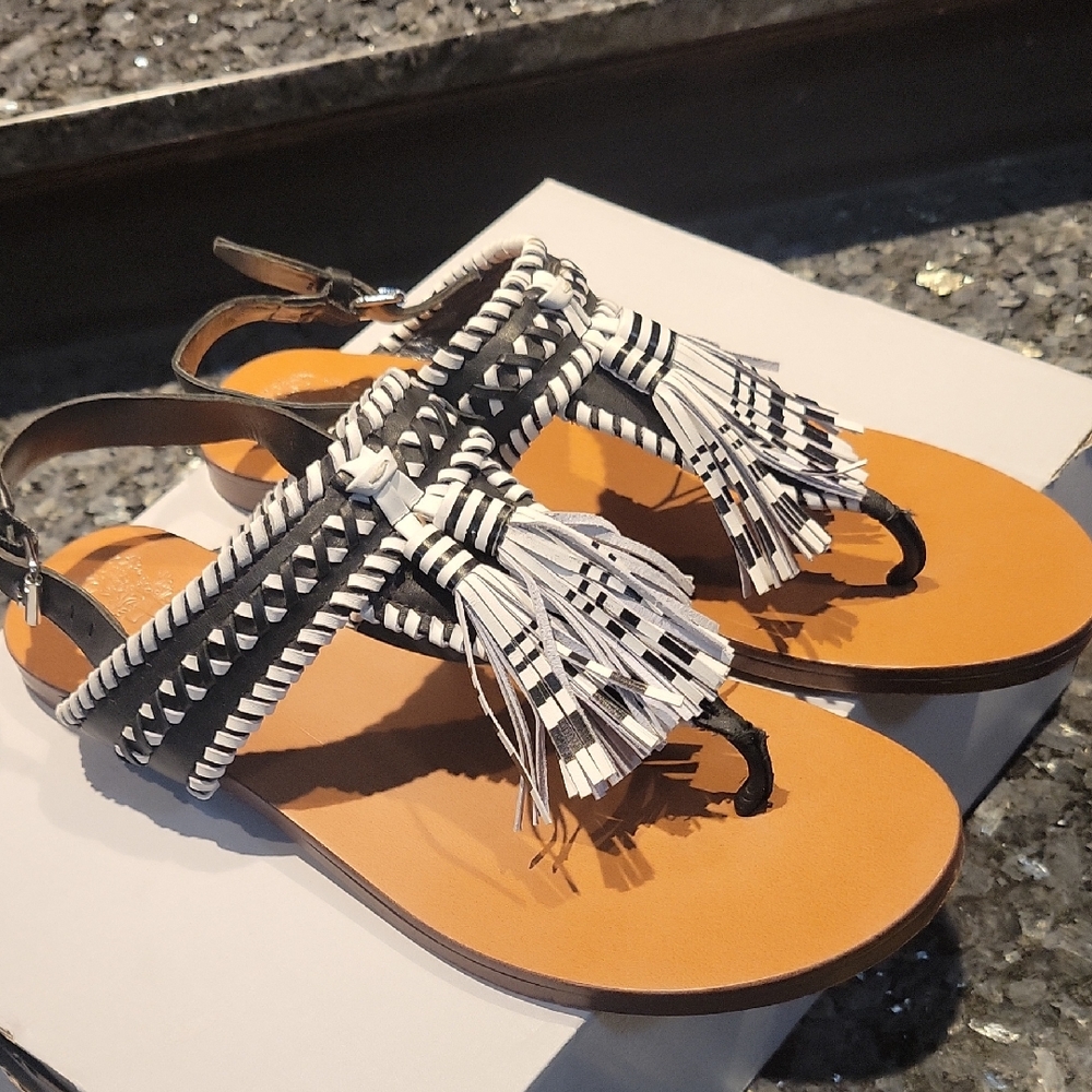 Vince Camuto Black and White Sandals with Geometric Pattern